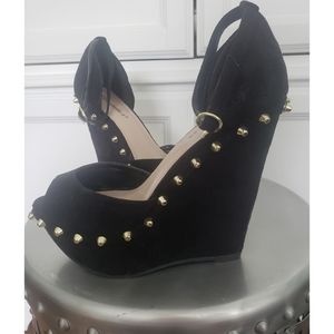 Vegan Suede Wedge Sandal with Gold Studs